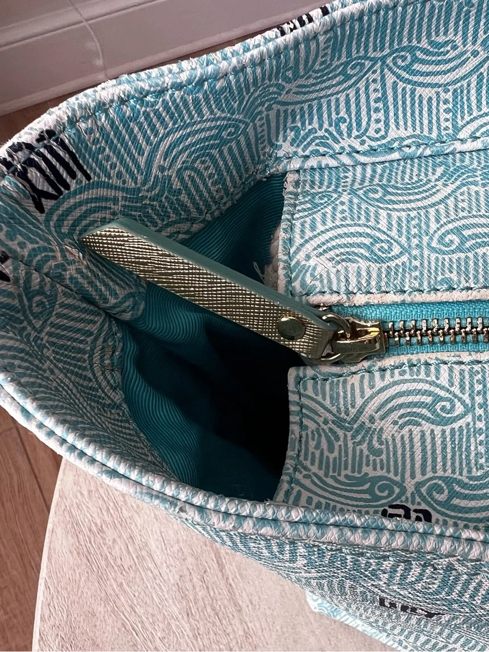 Lilly Pulitzer Shorely Blue Patterned Resort Tote with Gold Straps